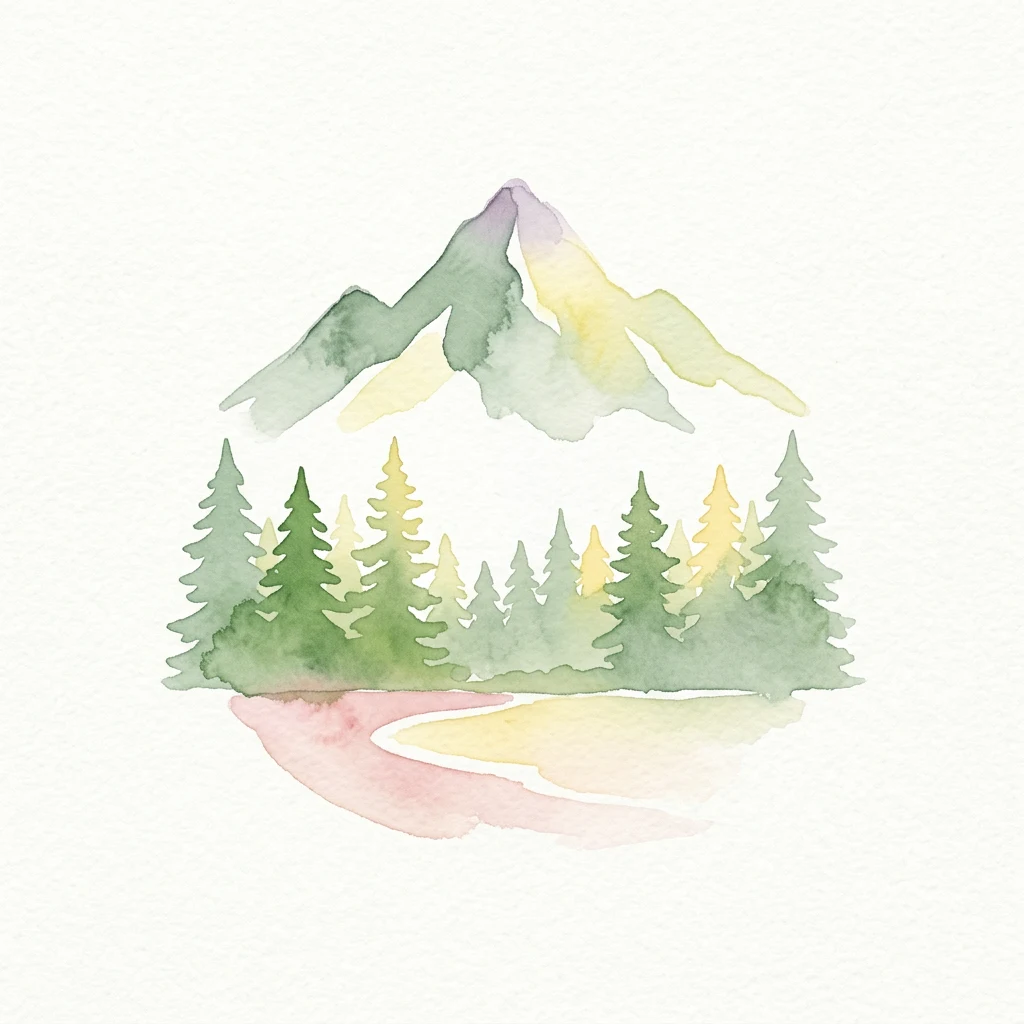 Pintura de acuarela que muestra un pico de montaña con árboles verdes y un camino sinuoso reflejado en el agua