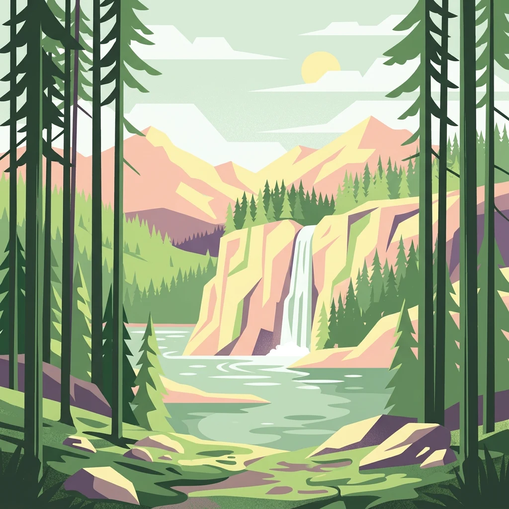 Ilustración estilizada de una cascada rodeada de pinos y montañas con un lago en primer plano