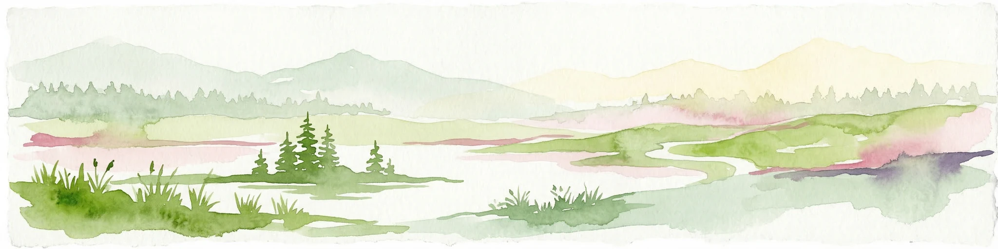 Ilustración de acuarela que muestra un paisaje con montañas, un río serpenteante y parches de vegetación verde y árboles
