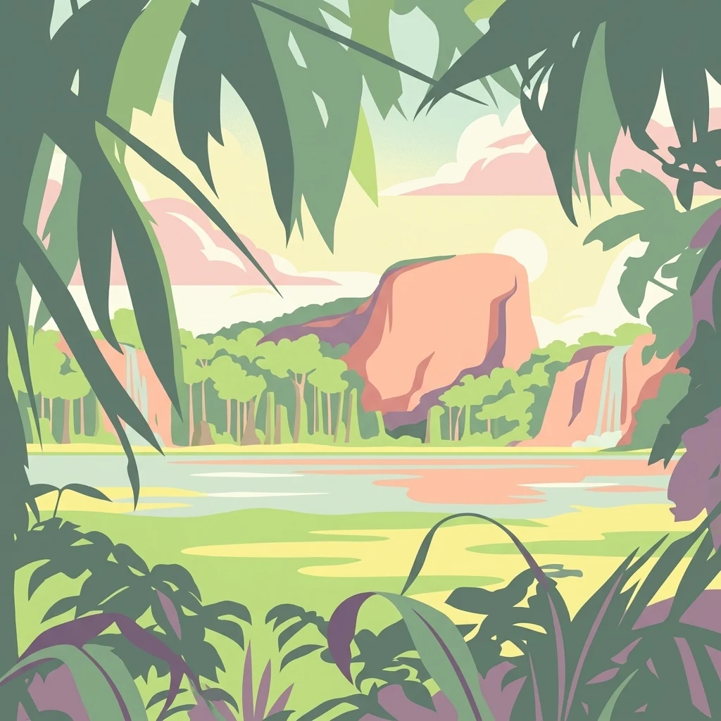 Stylized digital illustration showing a view through tropical foliage toward a calm river or lake, surrounded by dense forest and pinkish rocky cliffs under a soft-toned sky.
