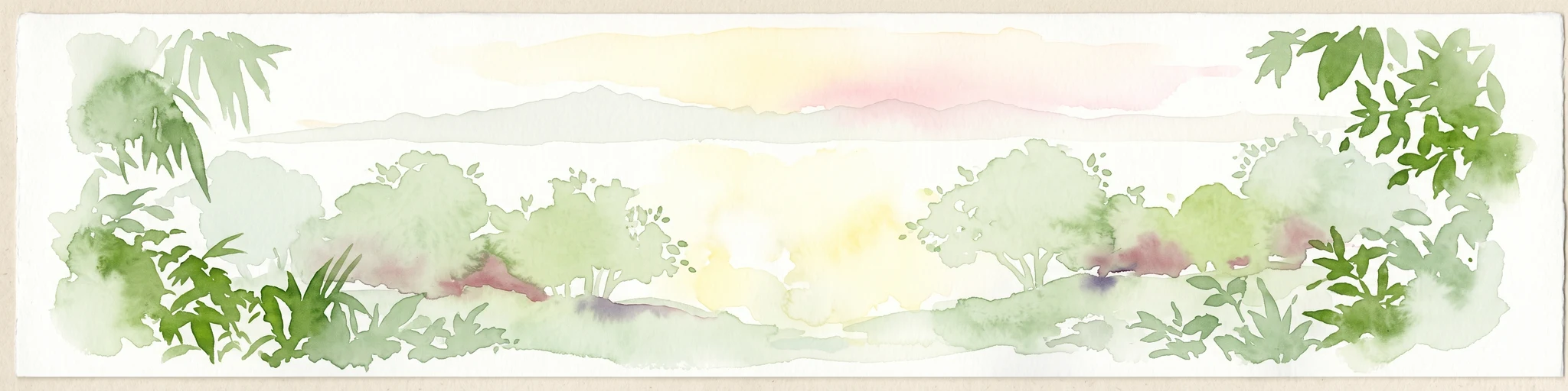 Una pintura horizontal en acuarela que muestra un paisaje de enfoque suave con árboles verdes y follaje en primer plano y un cielo brumoso y lleno de luz al fondo.