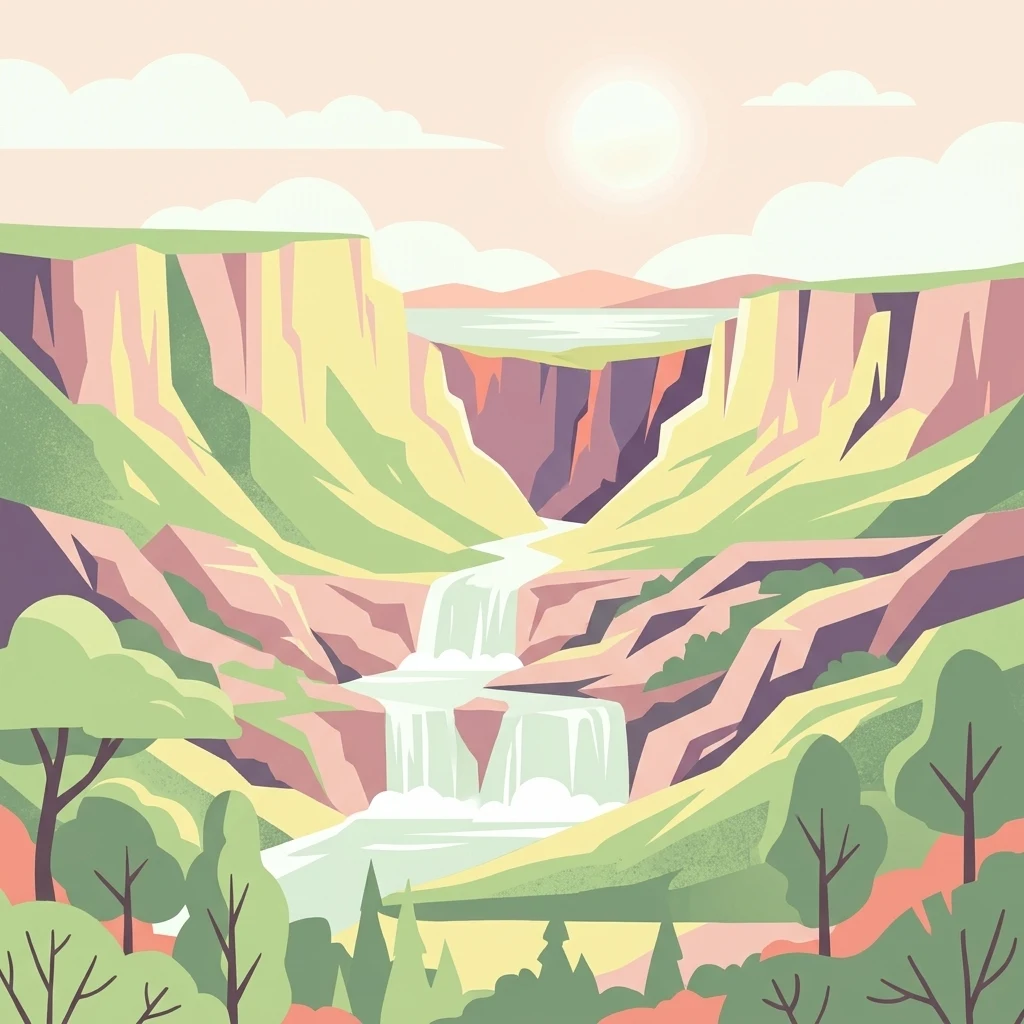 Una ilustración estilizada de un cañón con una cascada de varios niveles, colinas verdes, árboles y un sol pálido en el cielo.