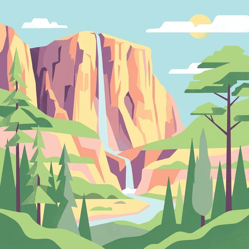 Una ilustración estilizada de diseño plano que representa una cascada que cae desde altos acantilados amarillos y morados hasta un río en la parte inferior, con pinos en primer plano y un cielo azul pálido.