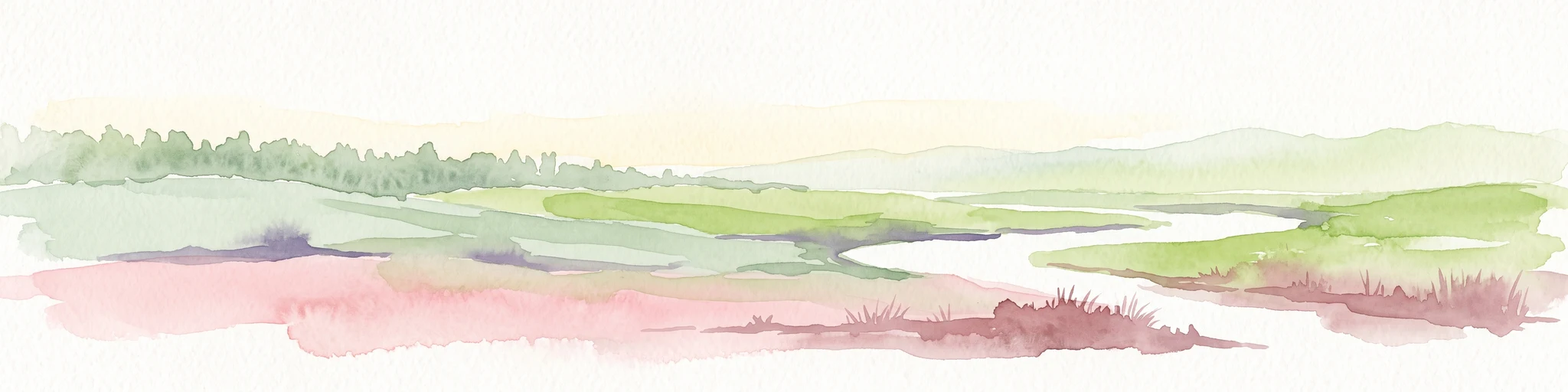 A horizontal watercolor painting depicting a soft-focus landscape with green hills, a winding river, and reddish marshy foreground vegetation.