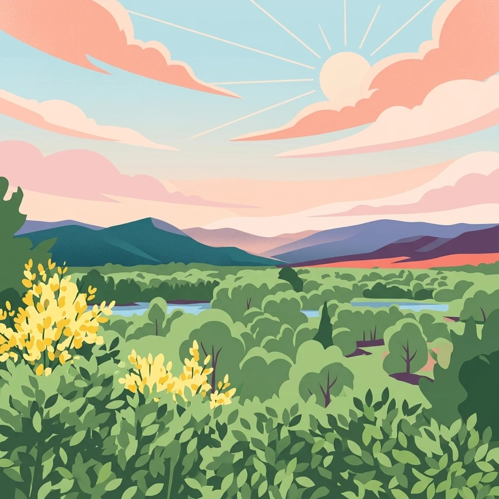 A digital illustration of a lush river valley with green trees, yellow flowers in the foreground, and distant mountains under a soft sunlit sky.