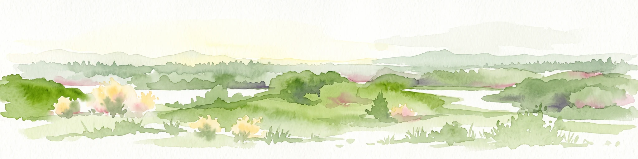 Watercolor illustration of a gentle river winding through green hills and forests with soft, hazy mountain silhouettes in the background.