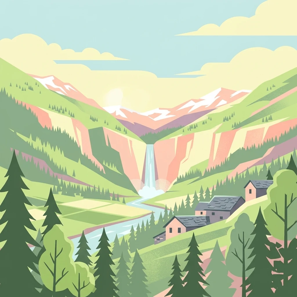 Una ilustración digital de estilo plano de un valle de montaña con una cascada central, un río que fluye, laderas verdes con árboles coníferos y un grupo de casas rústicas de piedra.