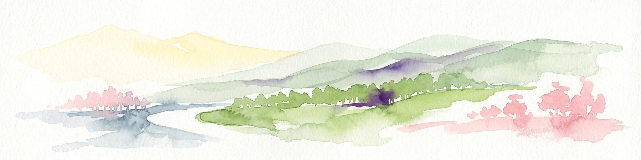 A soft watercolor painting depicting rolling green hills, distant mountains, a river, and stylized pink trees against a plain background.