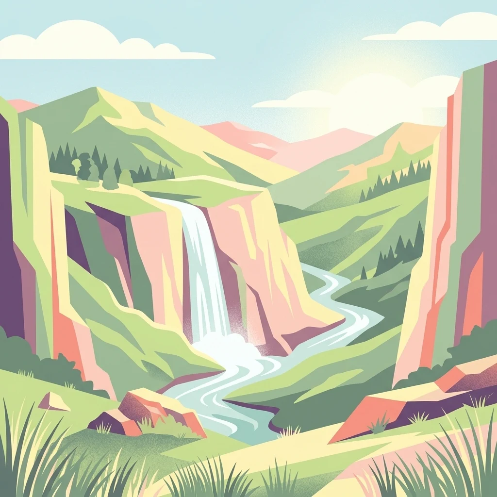Una ilustración de estilo vectorial plano que muestra un valle de montaña con una cascada que cae desde un acantilado hacia un río, rodeada de laderas cubiertas de hierba y árboles coníferos bajo un sol suave.