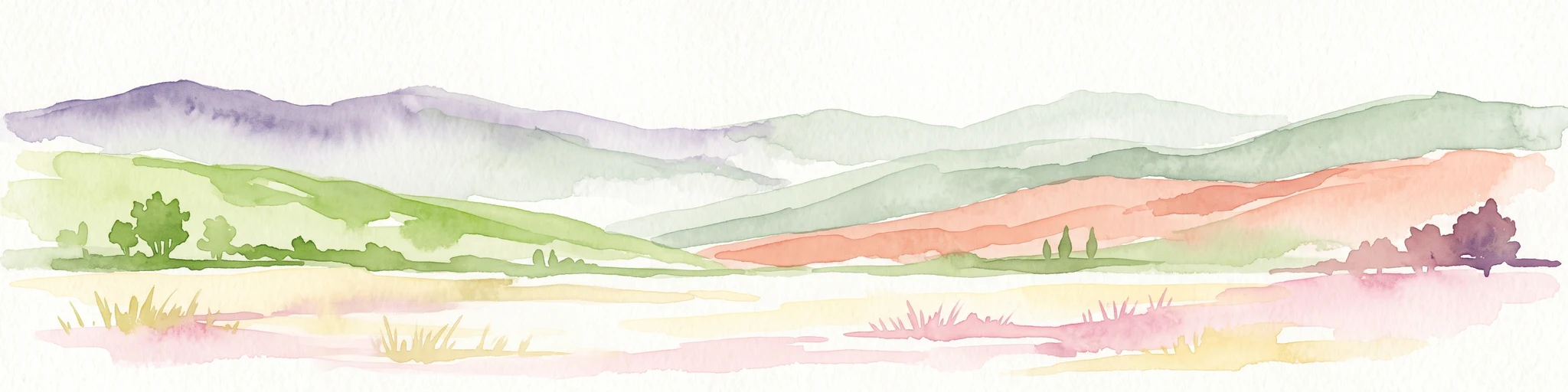 Watercolor painting of a wide, rolling mountain landscape with green and muted red hills under a soft, light background.