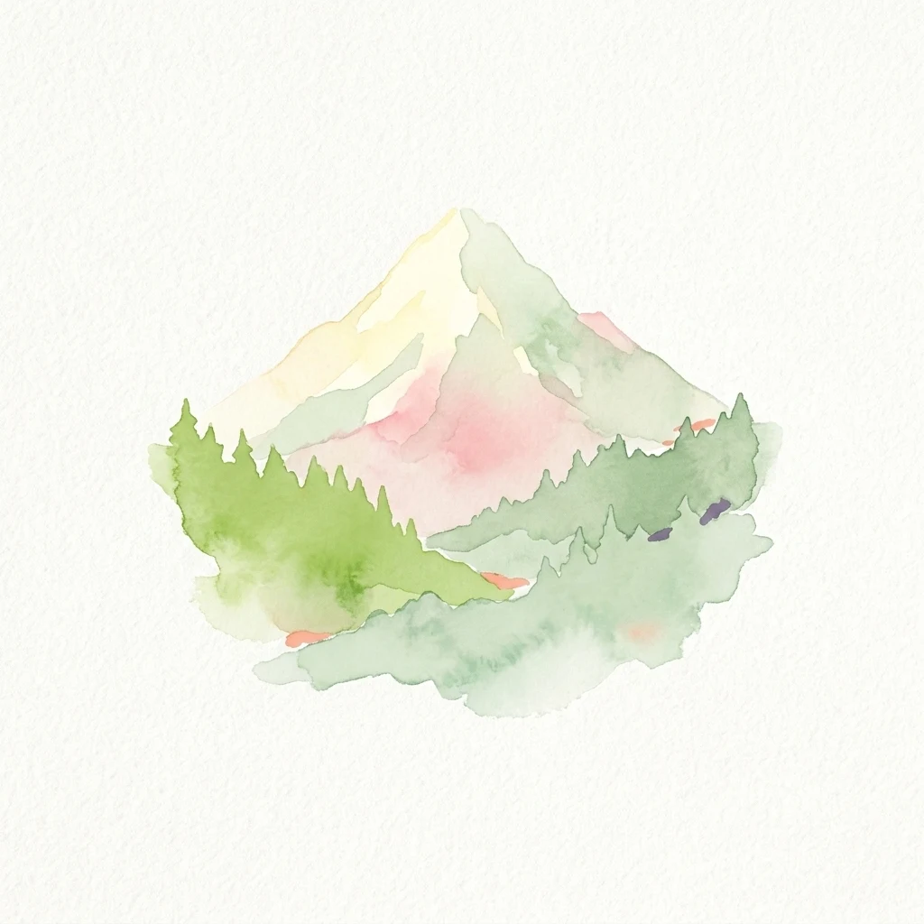 A watercolor illustration showing a mountain with pink and white tones rising above a line of green pine trees on a white background.