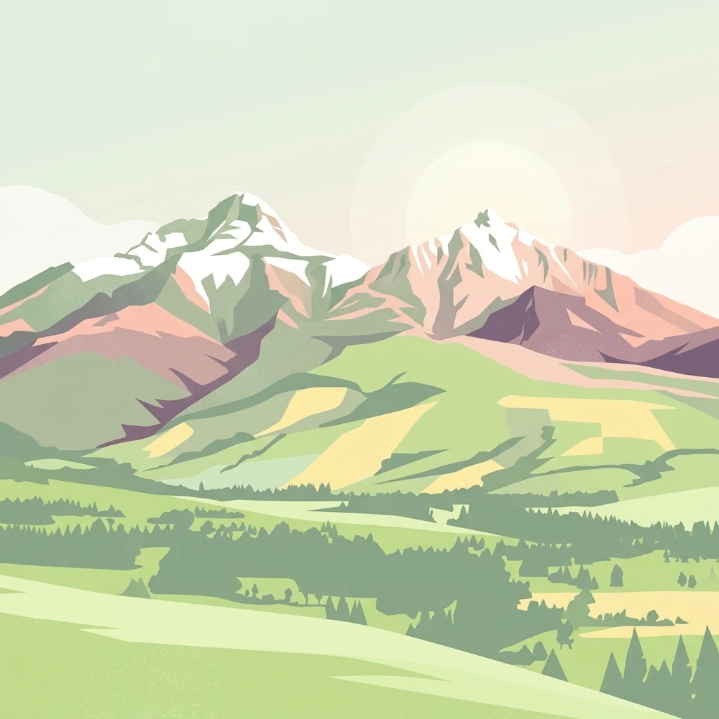 Una ilustración estilizada que muestra picos montañosos cubiertos de nieve sobre colinas verdes y bosques bajo un cielo pálido.