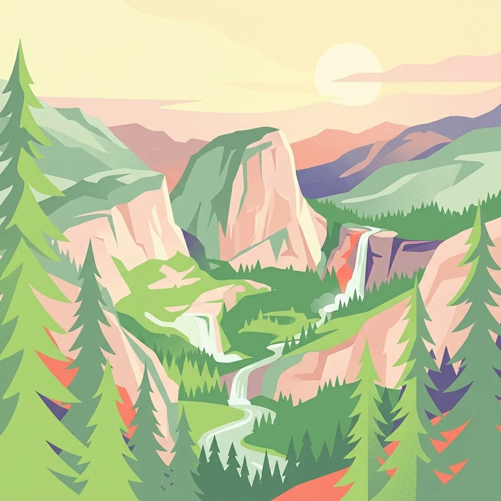 A graphic illustration showing a mountain valley at sunrise, featuring prominent cliffs, a waterfall, a winding river, and surrounding evergreen trees in a flat design style.
