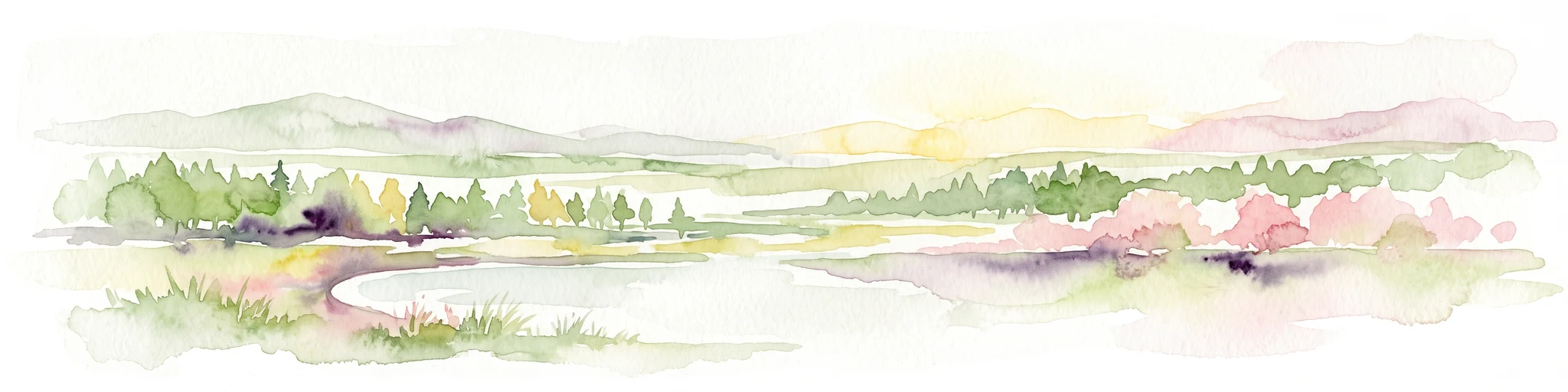 Watercolor painting of a tranquil landscape featuring a calm water body in the foreground, lines of trees, and soft hills in the background under a pale sky.