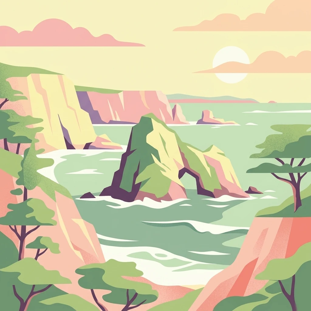 A flat-style digital illustration of a coastal landscape at sunrise, featuring steep cliffs, a rocky sea arch islet in the center, and surrounding vegetation.