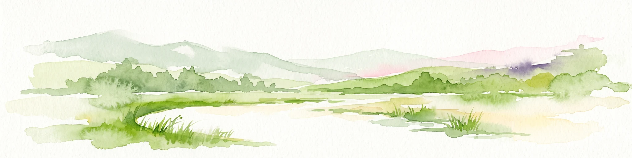 A horizontal watercolor painting showing a pale green and soft pink landscape with rolling hills in the background, a flat expanse of light green vegetation in the midground, and a suggestion of water in the foreground.