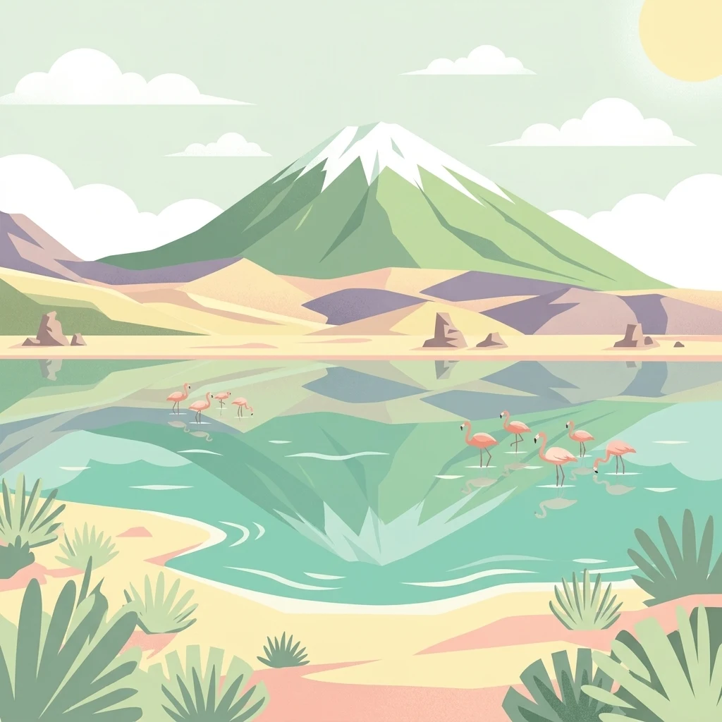 A flat vector illustration showing a snow capped mountain reflecting in a turquoise lagoon with a group of pink flamingos wading in the foreground.