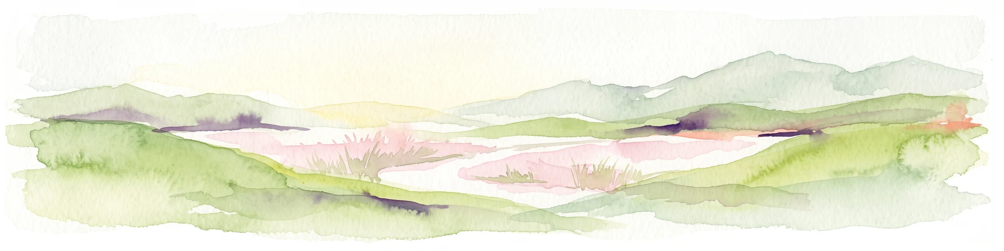 A soft watercolor painting depicting a wide, pale landscape with rolling hills, a central body of water with pinkish tones, and muted green vegetation.