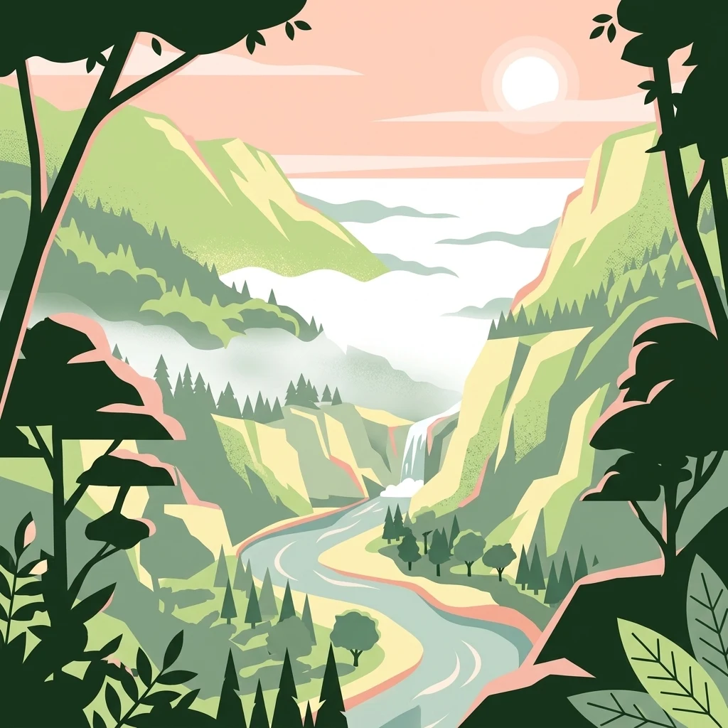 A stylized vector illustration of a mountain valley with a winding river, a small waterfall, and surrounding forest under a soft sunset sky.