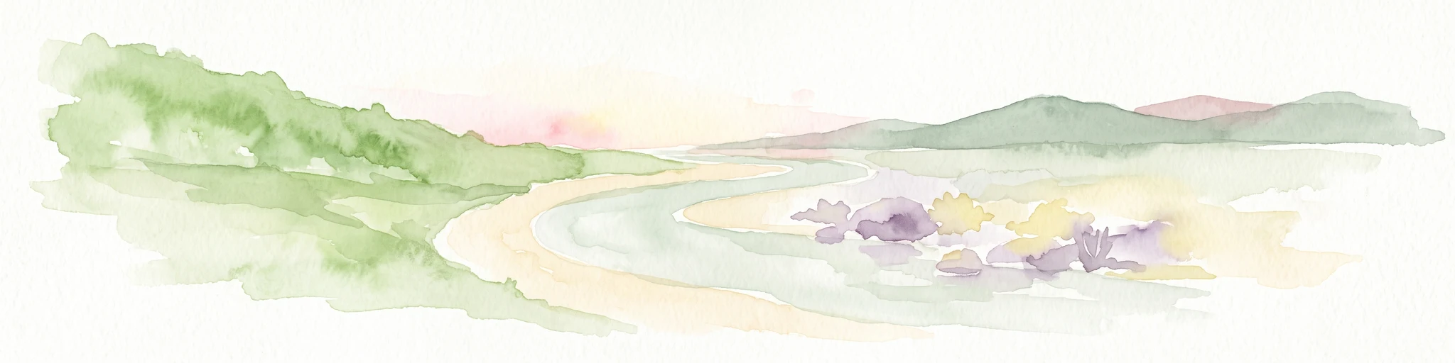 A soft watercolor illustration of a river flowing through a lush landscape with gentle green hills in the distance.
