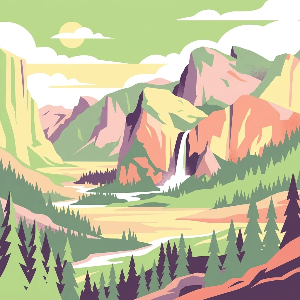 A stylized digital illustration of a mountain valley with a waterfall, pine trees, and a river flowing through the center.