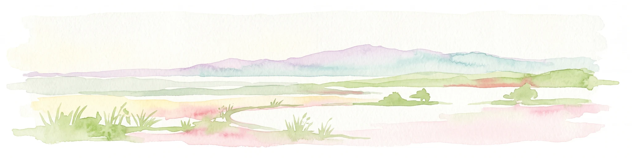 Una pintura de paisaje pálida y suave en acuarela que muestra una costa pantanosa con colinas bajas en la distancia, representada en verdes, rosas y púrpuras apagados sobre un fondo blanco.