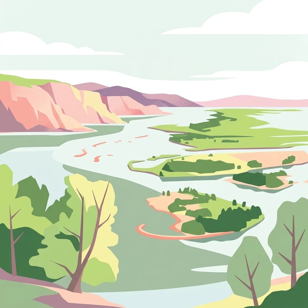 Una ilustración digital de estilo plano que muestra un río serpenteando a través de una serie de islas verdes, con acantilados bajos al fondo y árboles en primer plano que enmarcan la escena.