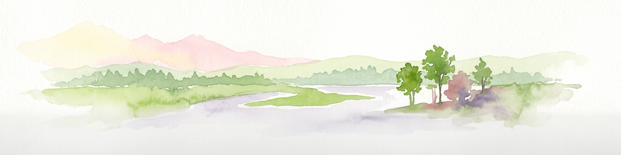 A soft, watercolor painting of a calm river winding through a green landscape with trees and rolling hills in the background.
