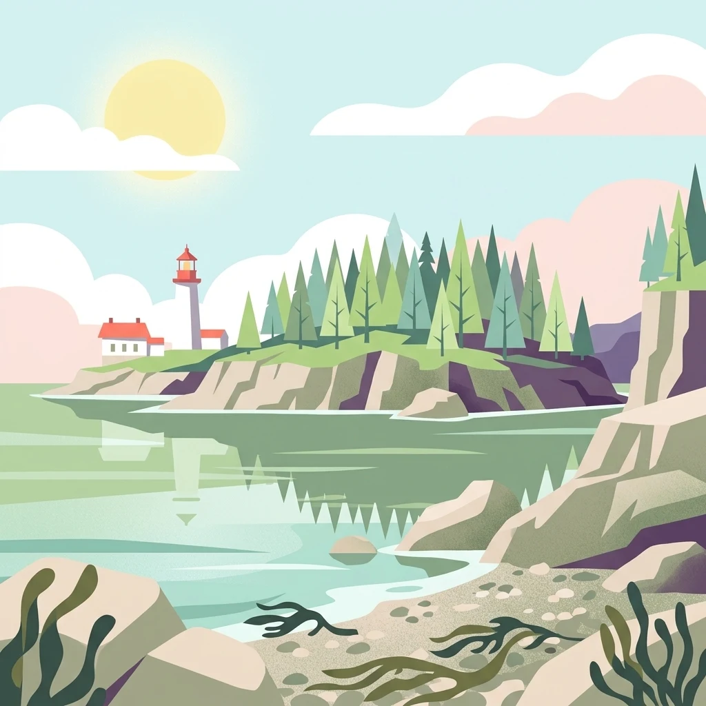 A flat-design illustration showing a serene coastal scene with a lighthouse on a rocky, tree-covered island, surrounded by water and a pebbled shoreline with seaweed in the foreground.