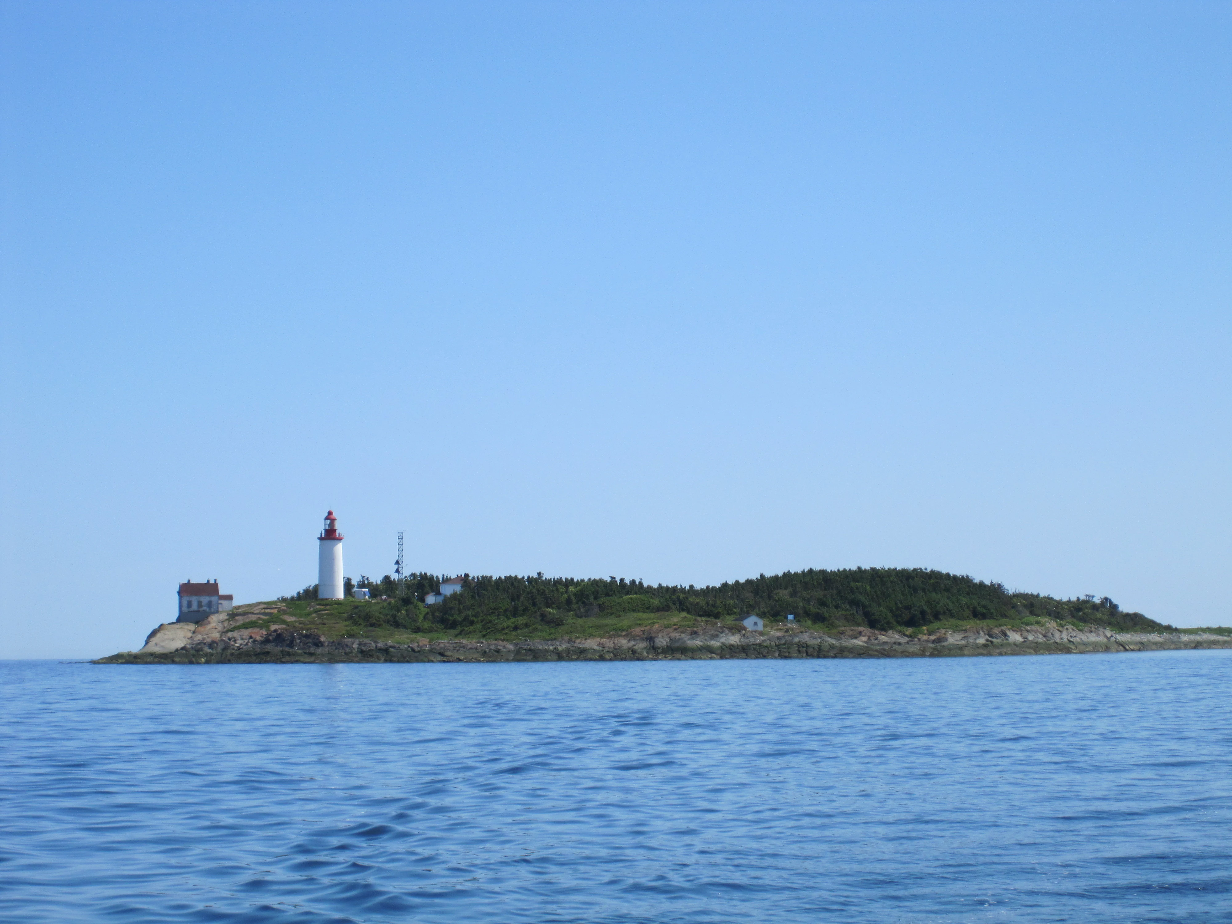 A wide shot of Bicquette Island, a low-lying island covered in greenery surrounded by the waters of the Saint Lawrence estuary, featuring a prominent white lighthouse.