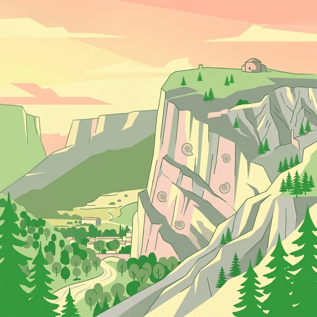 A stylized digital illustration of a mountainous valley with steep, light-colored limestone cliffs featuring large spiraled ammonite fossils embedded in the rock face, with a small structure on the plateau above and a forested valley floor below.