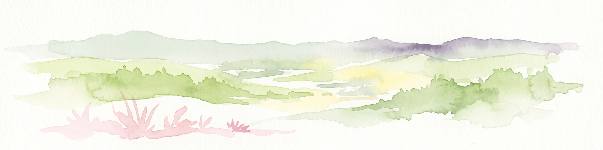 A soft watercolor painting of a rolling hilly landscape with muted greens, yellows, and purples on a white background.
