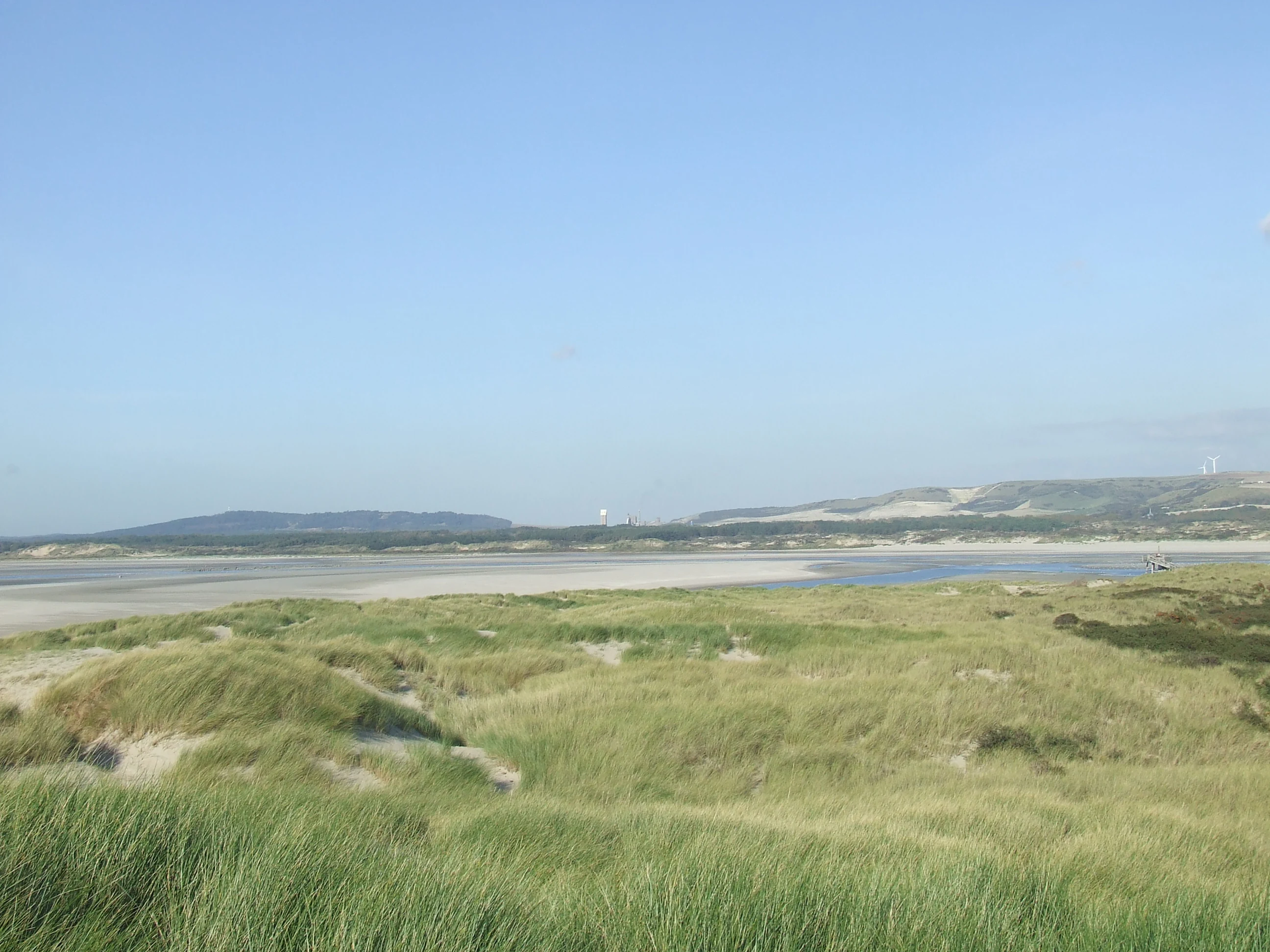 A wide, scenic view of a sandy estuary landscape with grassy sand dunes in the foreground and a calm tidal bay meeting distant hills under a clear blue sky.