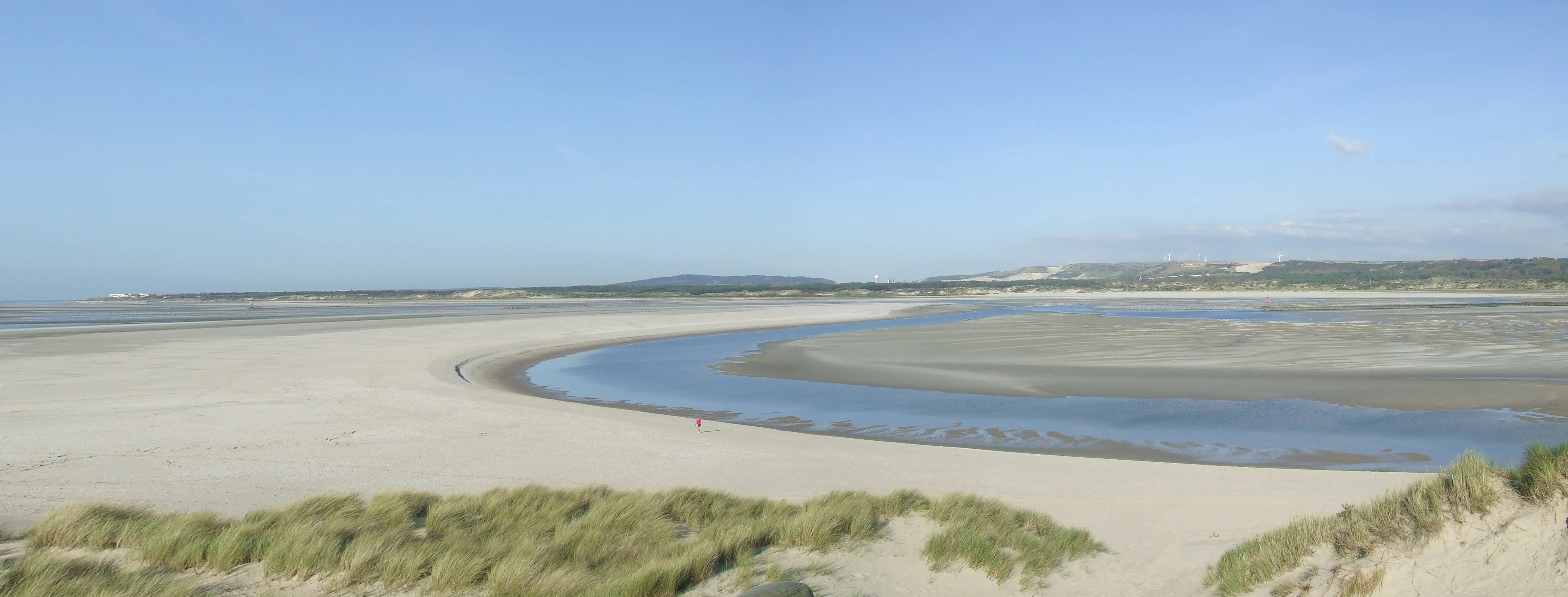 A wide view of the Canche estuary at low tide, featuring sandy tidal flats and a winding river channel under a clear blue sky, with sand dunes and grasses in the foreground.