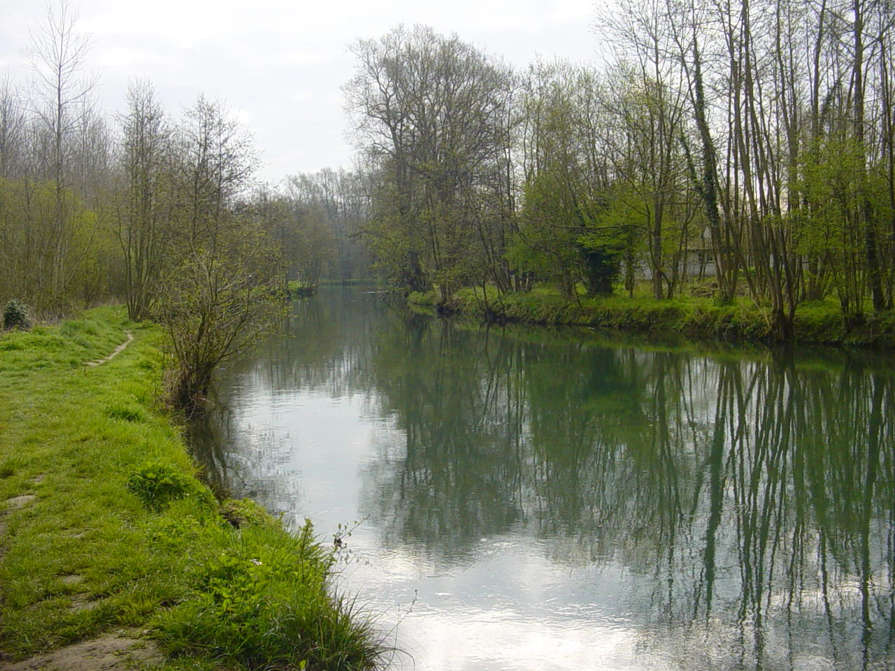 A calm, narrow river winds through a green, forested landscape under an overcast sky.