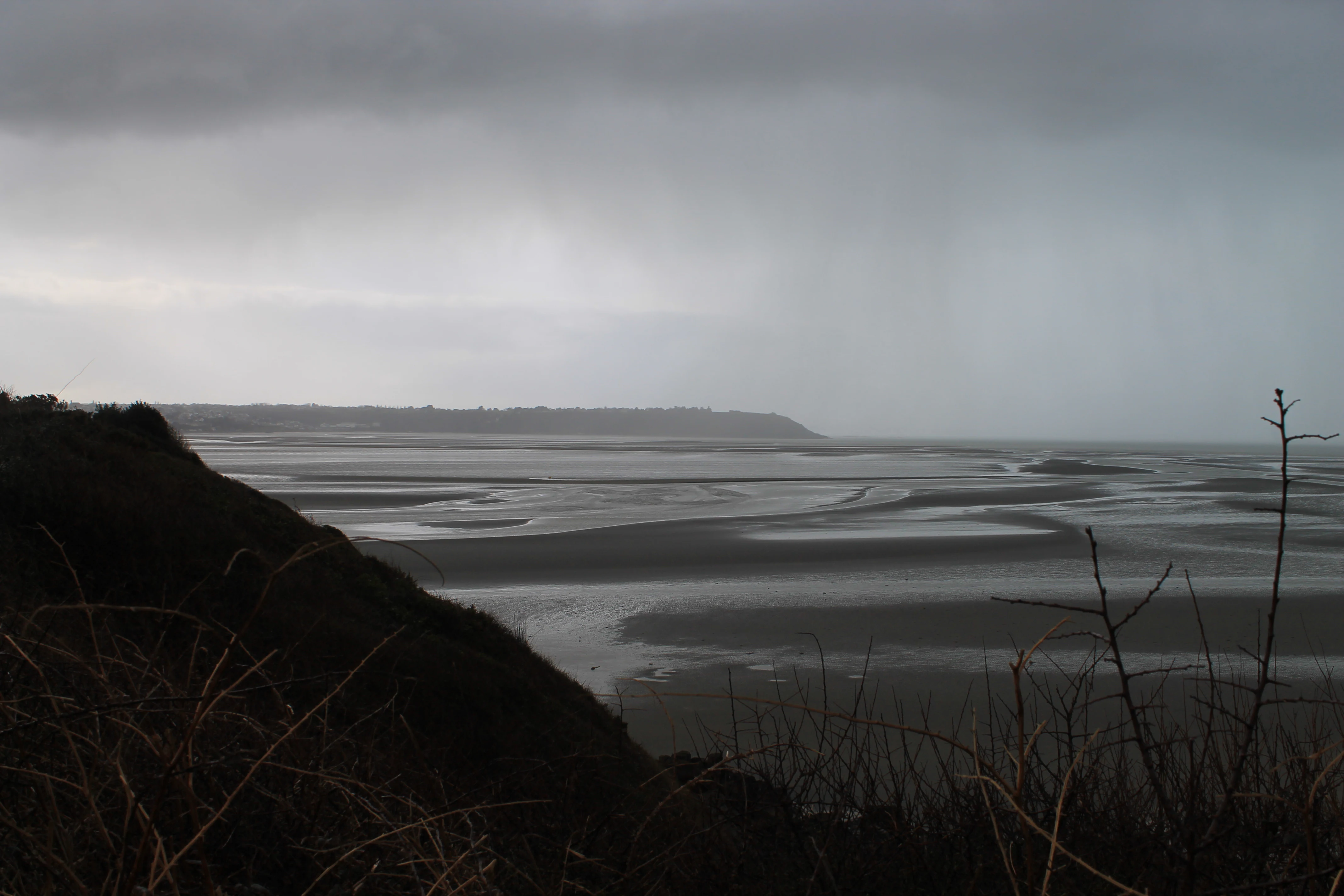 Wide landscape view of an expansive, dark tidal mudflat under a heavy, overcast grey sky, seen from a hillside overlooking the bay.