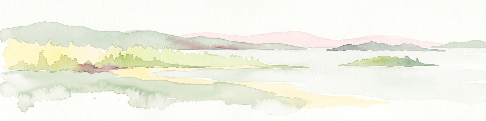 A soft watercolor illustration showing a calm coastal bay with distant low hills, green shorelines, and sandy patches under a pale sky.