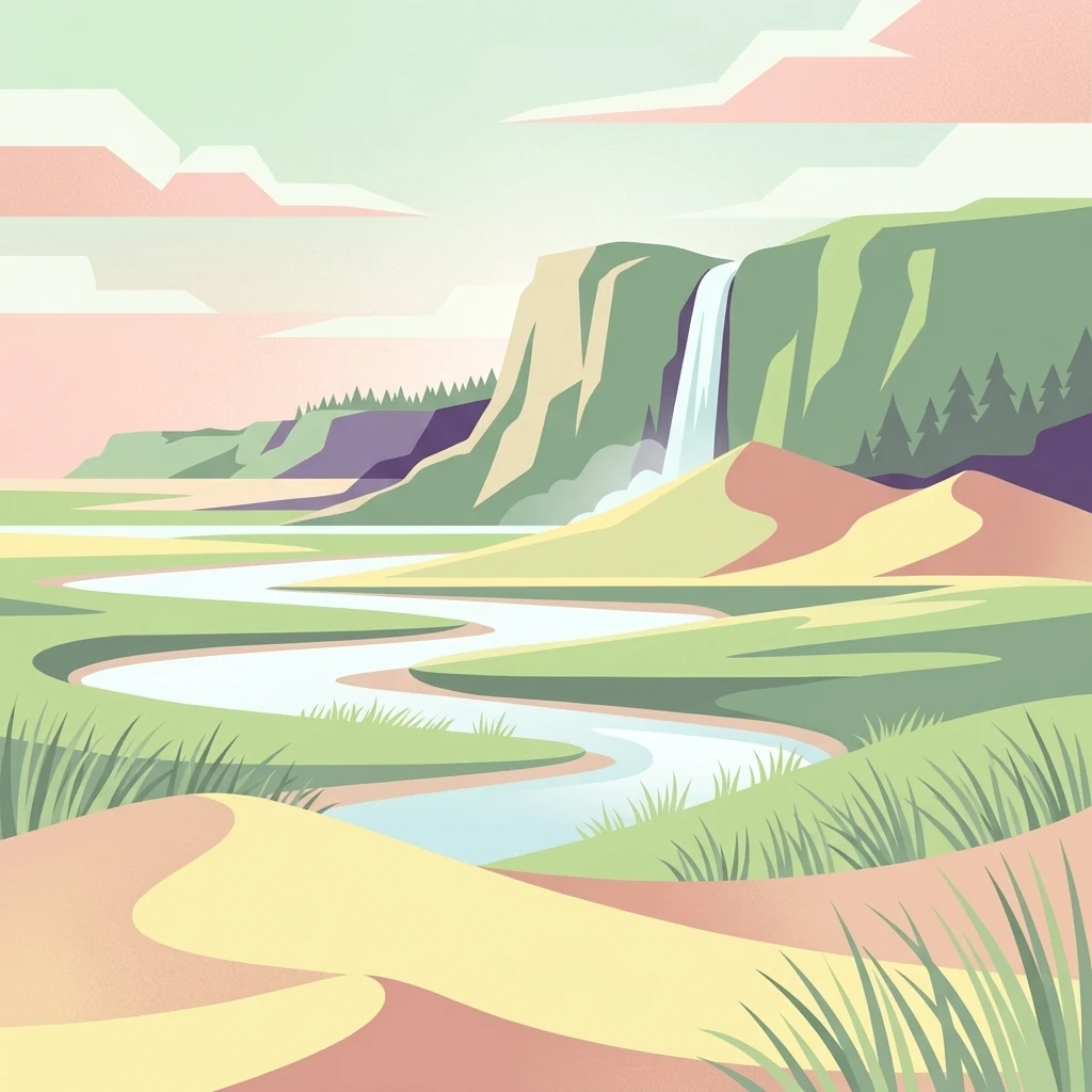 A digital illustration of a winding river flowing through a coastal landscape with sand dunes in the foreground and tall green cliffs with a waterfall in the distance.