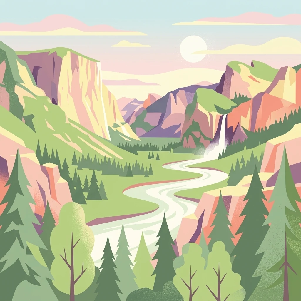 Una ilustración plana de estilo vectorial de un valle verde entre escarpados acantilados rocosos, con un río serpenteante, una cascada lejana y pinos en primer plano bajo un sol suave.