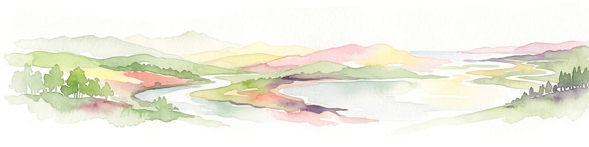 A horizontal watercolor painting depicting a winding river or lagoon flowing through rolling green hills and wetlands.
