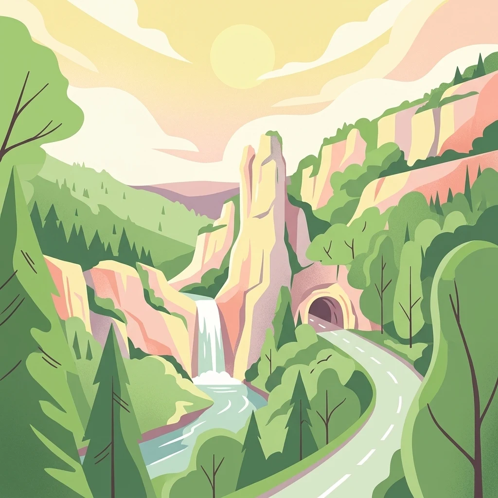 An illustration showing a winding road leading to a tunnel near a rocky cliffside, a waterfall, and green forested slopes under a pale sun.