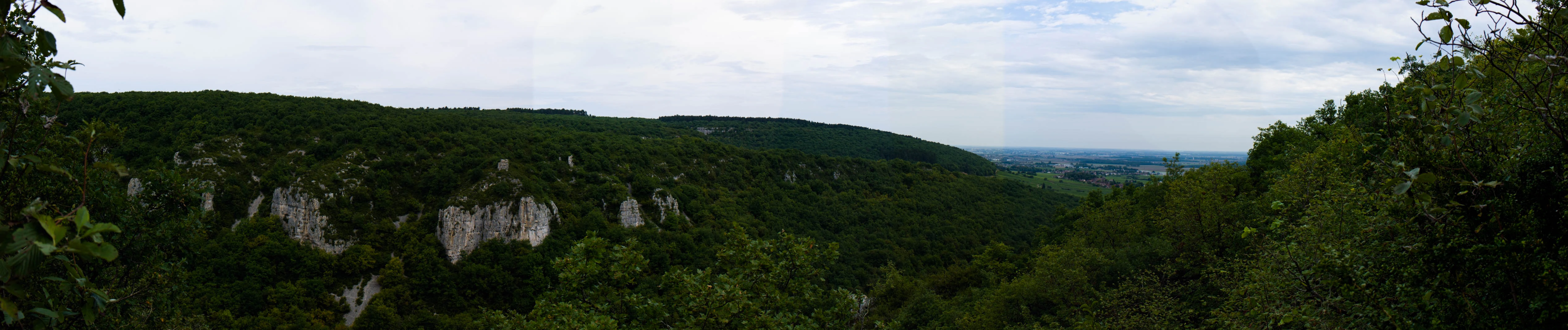 Una toma panorámica amplia que muestra un valle profundo y boscoso con prominentes acantilados de piedra caliza bajo un cielo nublado.
