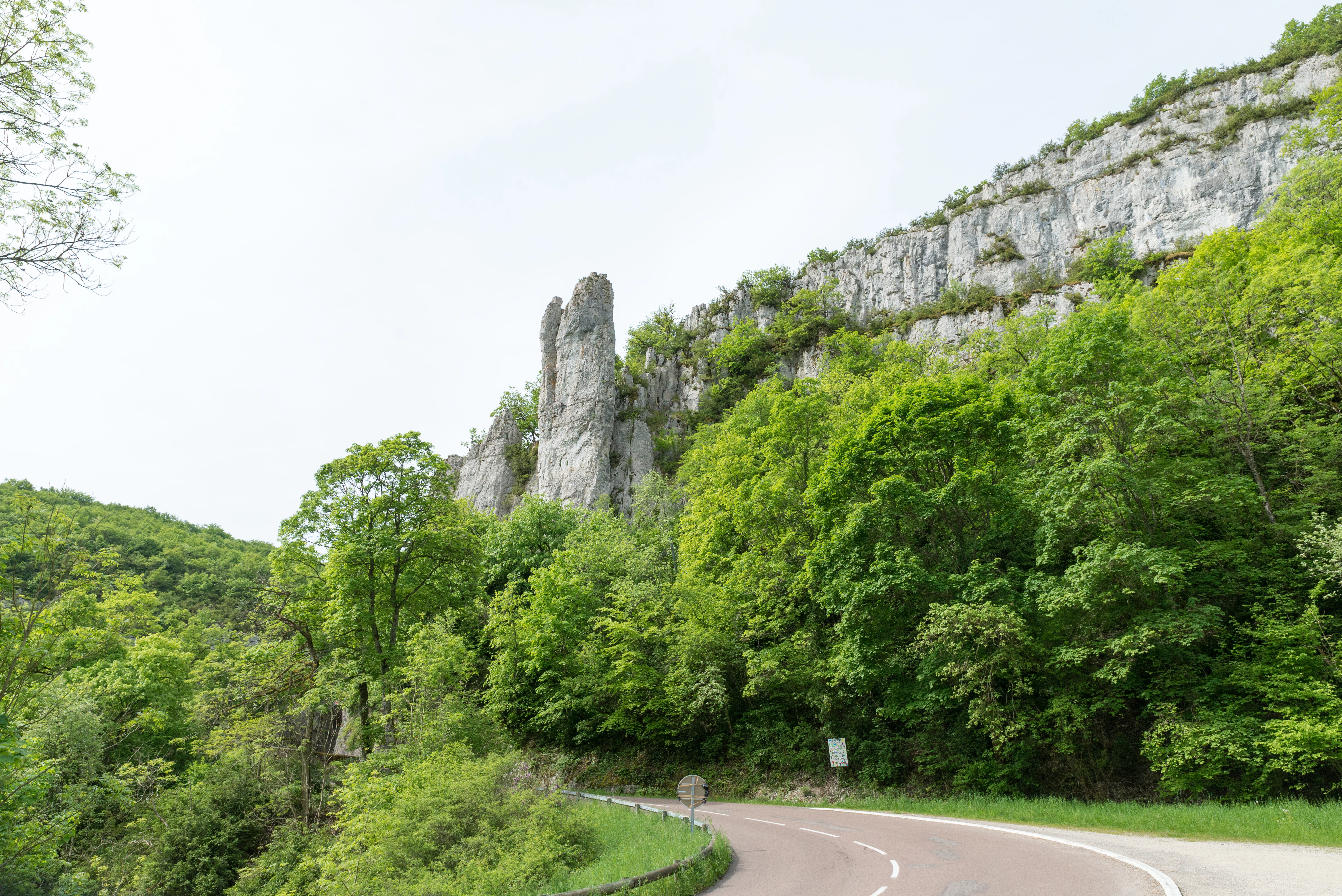Una carretera asfaltada y sinuosa serpentea a través de un denso bosque verde, conduciendo hacia una prominente formación de acantilado de piedra caliza vertical.