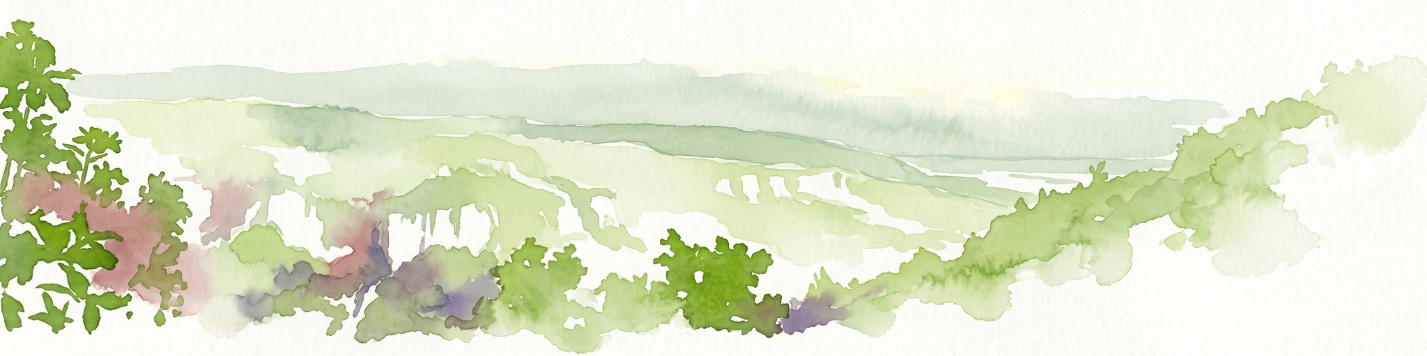 Watercolor painting of a green, rolling landscape showing forested hills in varying shades of light green and soft earth tones against a white background.