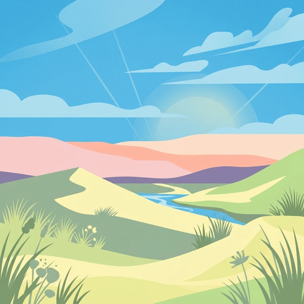 A flat, vector-style illustration of a landscape with sand dunes, green grassy slopes, a winding blue stream, and a soft morning sky with clouds.