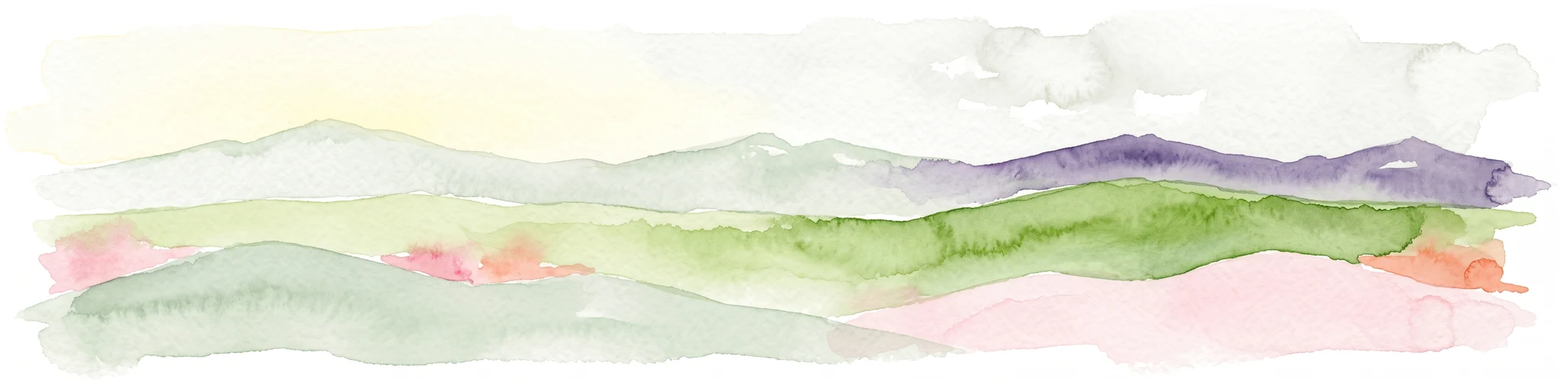 Pintura a la acuarela que muestra colinas onduladas o dunas en capas, en tonos de verde, púrpura y rosa pálido sobre un fondo blanco.