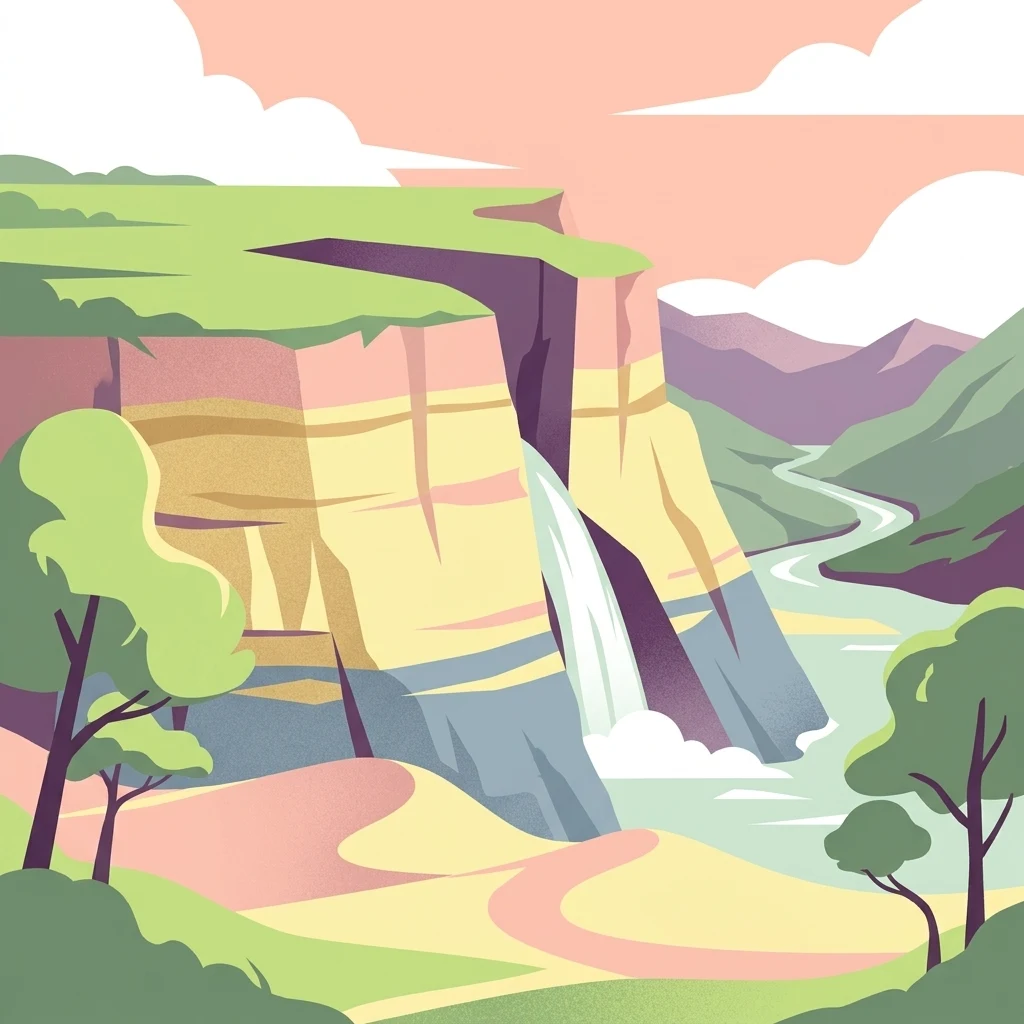 A flat-style digital illustration depicting a large, layered geological cliff with a waterfall cascading into a river winding through a valley.