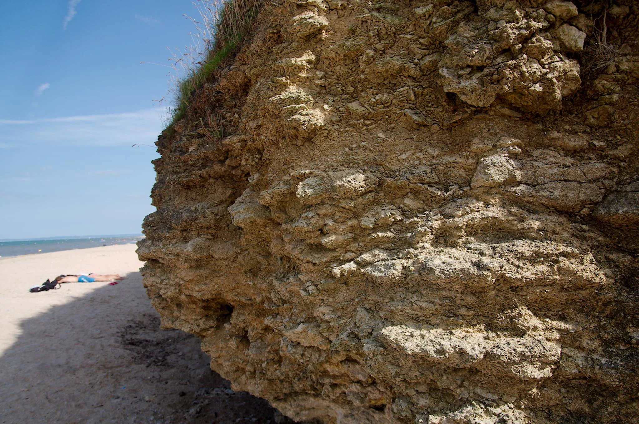 A close-up view of a rugged, textured Jurassic cliff face next to a sandy beach under a blue sky.