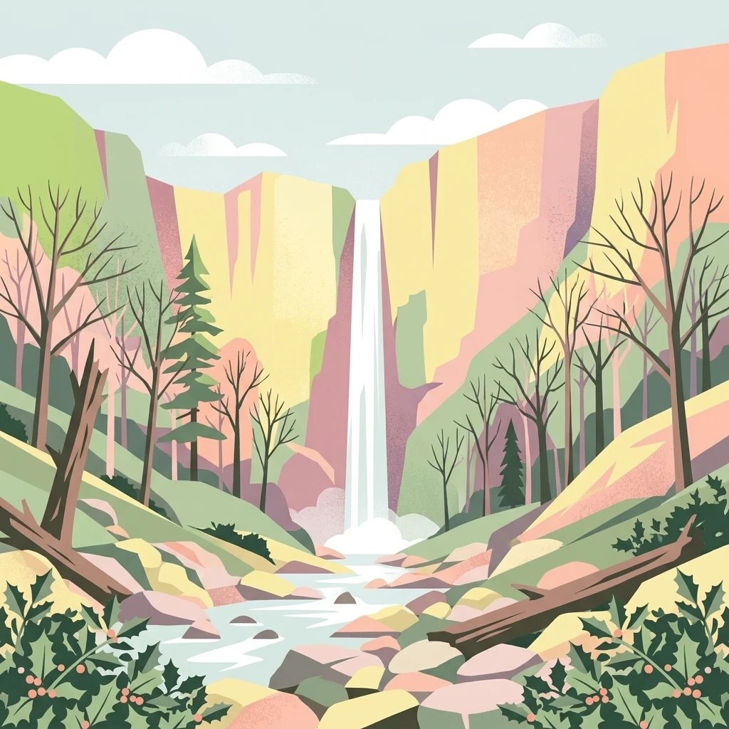 Una ilustración gráfica que muestra una alta cascada que cae entre acantilados rocosos escarpados hasta un arroyo. El entorno circundante presenta árboles desnudos, pinos y un primer plano rocoso con troncos caídos.