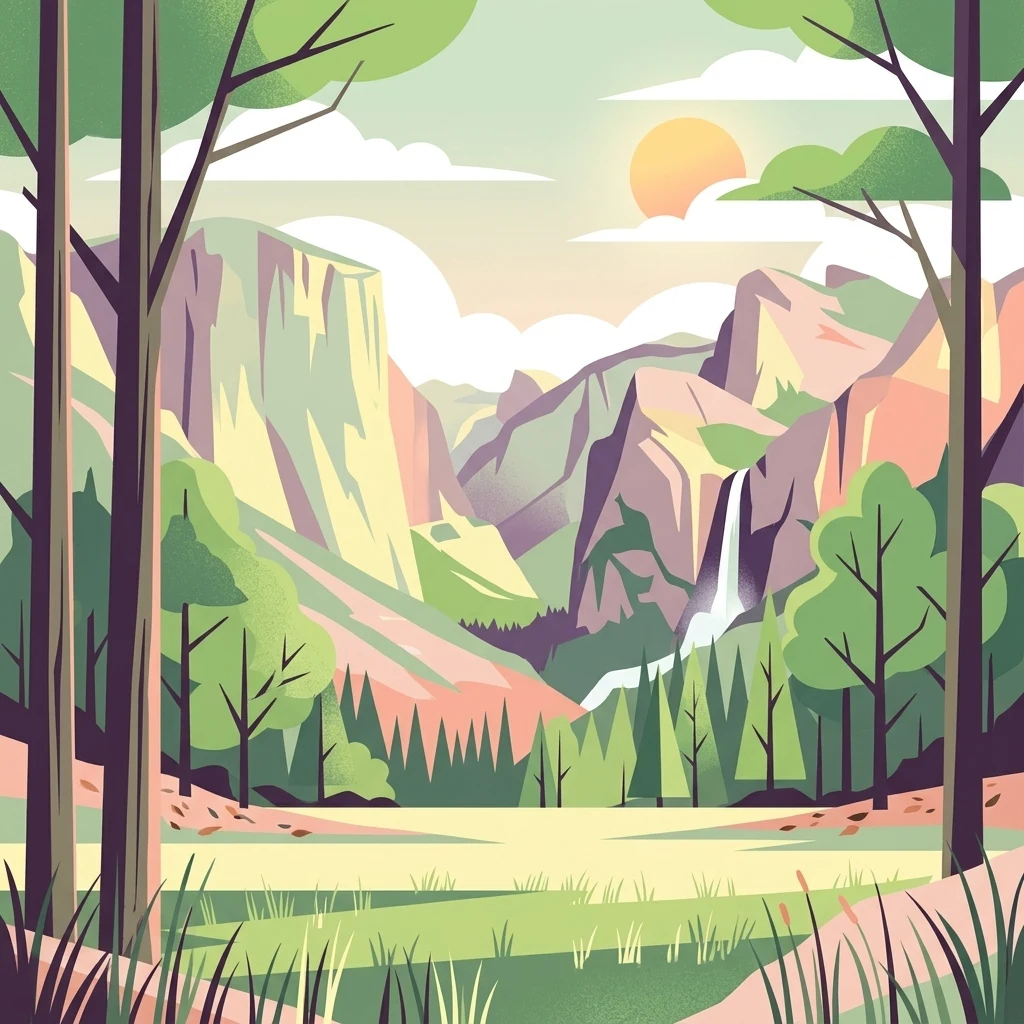A stylized digital illustration of a mountain valley scene with tall trees in the foreground, steep cliffs in the midground, a small waterfall, and a setting sun in the background.